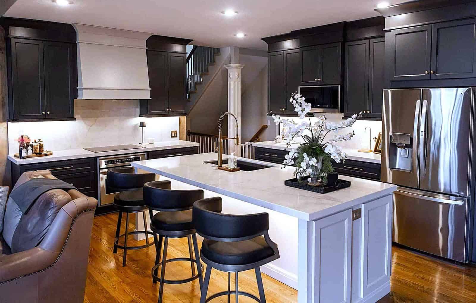 Charcoal shaker kitchen cabinets with large island and stainless appliances, kitchen remodel in Shawnee, KS