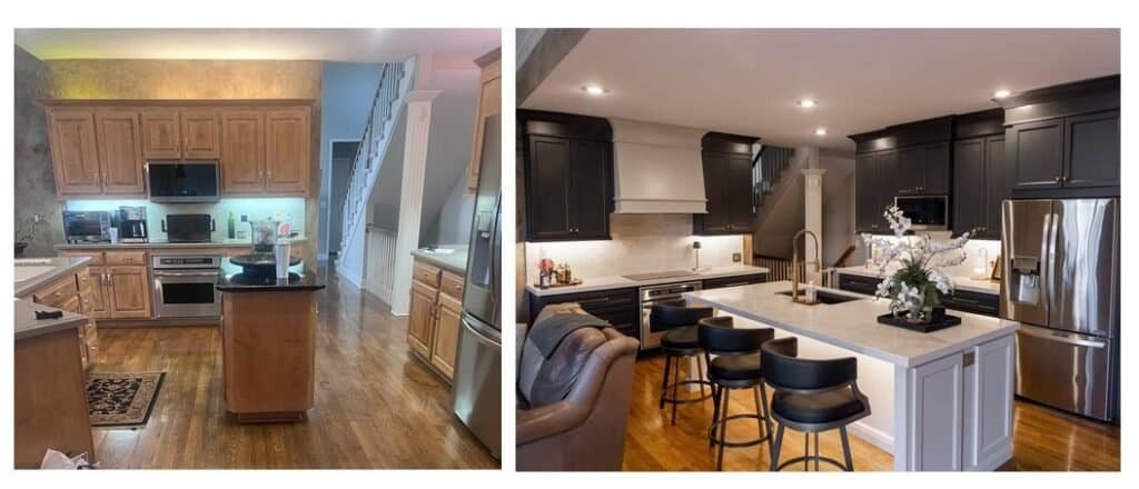Before and after photos of a kitchen remodel in Shawnee, KS, showing outdated oak cabinets transformed into charcoal shaker cabinets with a white quartz island by Premium Cabinet Studio.