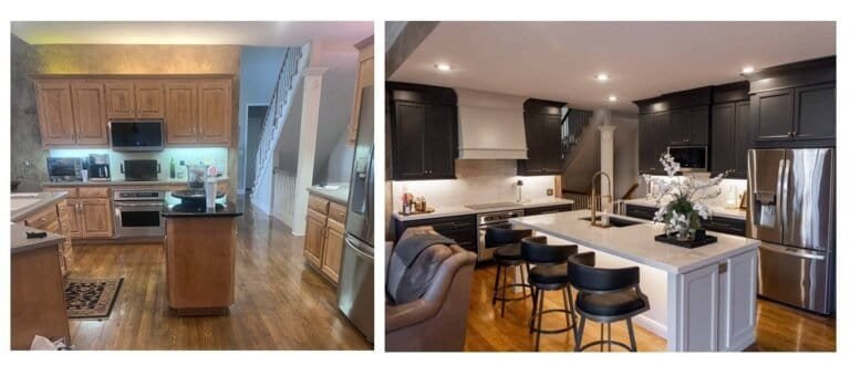 Before and after photos of a kitchen remodel in Shawnee, KS, showing outdated oak cabinets transformed into charcoal shaker cabinets with a white quartz island by Premium Cabinet Studio.
